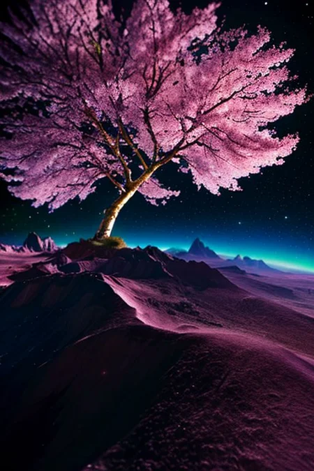 Planet surface landscape, background mountains, glowing, plants, sci-fi, fantasy, space art, galaxy background, tree on planet, cherry blossoms, sakura flowers, shooting stars, dynamic angles, intricate details, film grain, accent lighting, soft volumetric light, shallow depth of field , cinematography, realistic, SyFyEye1.
3D