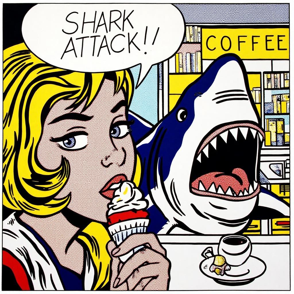 lichtenstein1 illustration. lichtenstein1 illustration. A blonde woman eating ice cream at a coffee shop with a shark sitting across her. Speech bubble says "Shark Attack!". <lora:lichtenstein1_cap_d6a3e8:1.0><lora:836240513750321574:0>