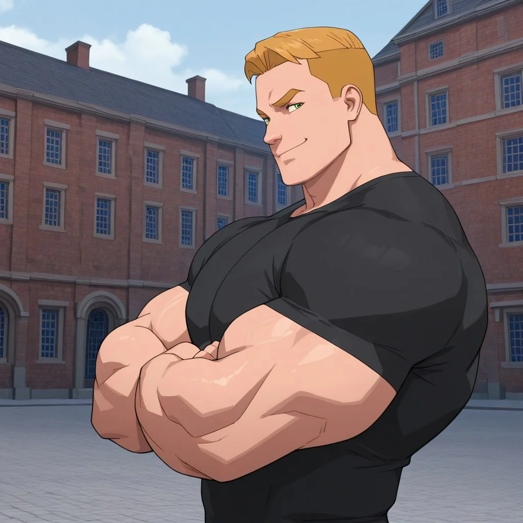 masterpiece, best quality, newest, amazing quality, perfect face, perfect eyes, Rick, blonde hair, green eyes, black shirt, tight shirt, muscular, huge biceps, folded arms, bully, smug, smirk, confident, partial side view, outdoor setting with brick buildings background,