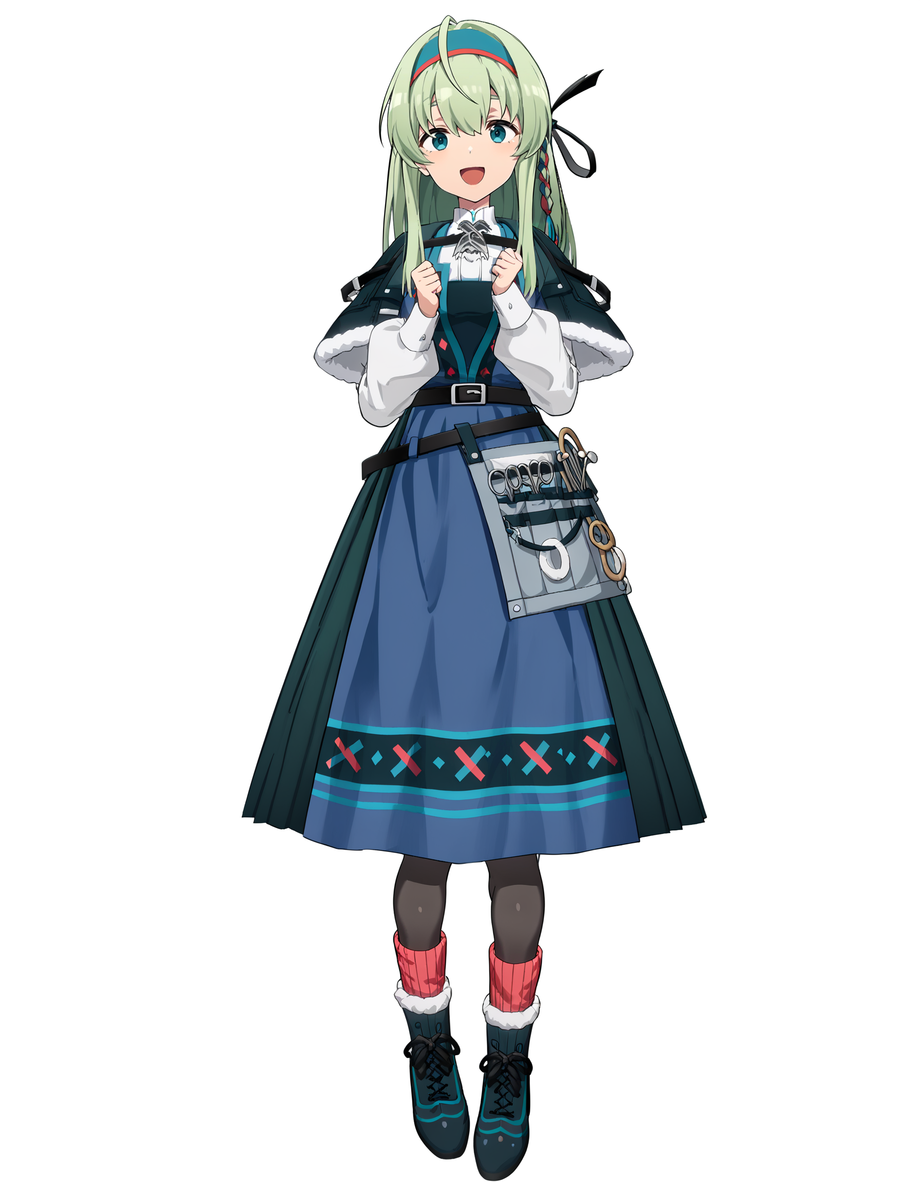 score_9,score_8_up,score_7_up,
<lora:lei_pony:0.8>,thrud-lei,1girl,solo,white background,long sleeves,full body,hairband,simple background,dress,smile,long hair,capelet,open mouth,looking at viewer,pantyhose,socks,green hair,blue dress,ribbon,belt,boots,:d,bangs,hair ribbon,standing,black footwear,ahoge,fur trim,<lora:Anime_Screencap:1>,anime screencap,