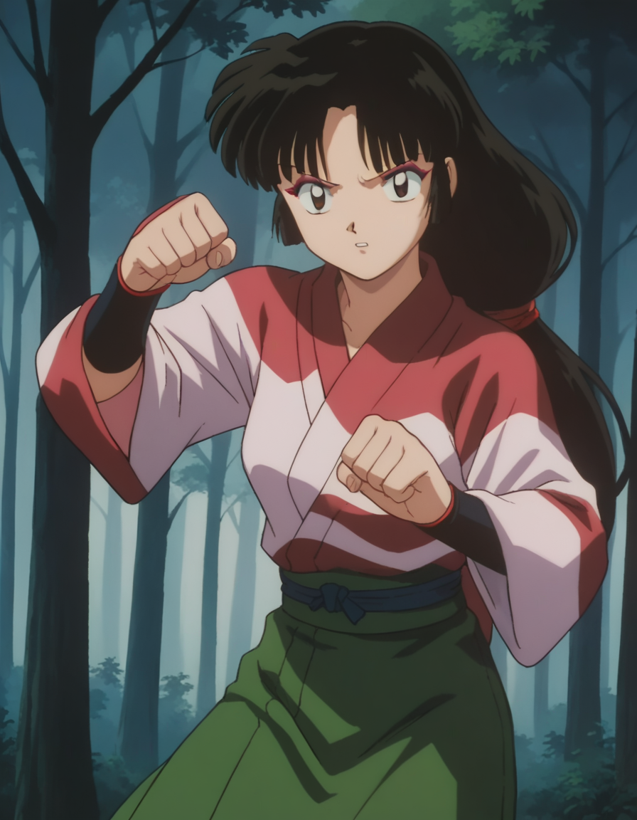 score_9, score_8_up, score_7_up, source_anime,
inuyashasango, <lora:inuyasha-sango-ponyxl-lora-nochekaiser:1>,
sango, long hair, black hair, brown eyes, retro artstyle,
long sleeves, japanese clothes, wide sleeves, kimono, green skirt, low-tied long hair,
outdoors, forest, nature,
looking at viewer, fighting stance,