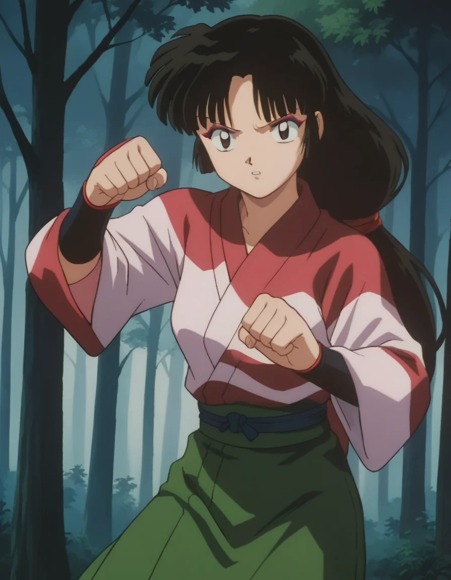 score_9, score_8_up, score_7_up, source_anime,
inuyashasango, <lora:inuyasha-sango-ponyxl-lora-nochekaiser:1>,
sango, long hair, black hair, brown eyes, retro artstyle,
long sleeves, japanese clothes, wide sleeves, kimono, green skirt, low-tied long hair,
outdoors, forest, nature,
looking at viewer, fighting stance,