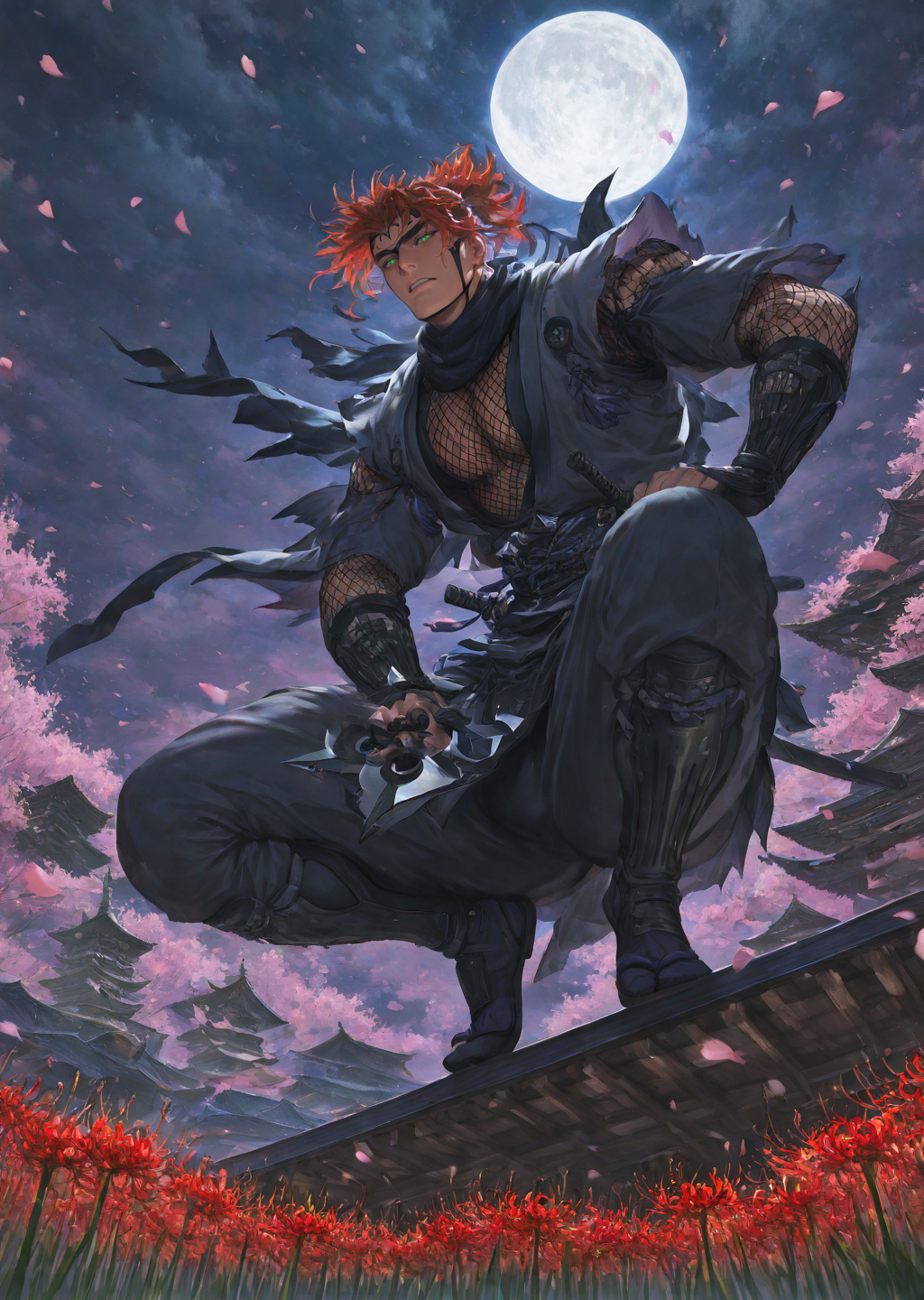 1boy,solo,shiranran,sanguosa,orange_red_hair,green_eyes,

low-angle perspective, Japanese ninja male, black mesh ninja attire, back to viewer, crouching on roof corner, traditional Japanese tiled roof, full moon glowing, falling red spider lilies, Japanese architecture details, night atmosphere, misty air, dynamic fabric folds, , contrasting red flowers against dark clothing, moonlight casting long shadows, traditional wooden beams, rooftop shuriken partially visible, swirling petals in wind, Japanese ink painting texture, dramatic chiaroscuro lighting, stone pagoda silhouette in background, cherry blossom petals floating, muscular, large pectorals, calm , very awa, masterpiece, best quality, absurdres, newest, perfect quality, detailed background, intricate detail

very awa, masterpiece, best quality, absurdres, newest, perfect quality, detailed background, intricate details

