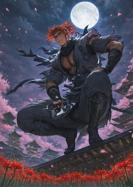 1boy,solo,shiranran,sanguosa,orange_red_hair,green_eyes,
low-angle perspective, Japanese ninja male, black mesh ninja attire, back to viewer, crouching on roof corner, traditional Japanese tiled roof, full moon glowing, falling red spider lilies, Japanese architecture details, night atmosphere, misty air, dynamic fabric folds, , contrasting red flowers against dark clothing, moonlight casting long shadows, traditional wooden beams, rooftop shuriken partially visible, swirling petals in wind, Japanese ink painting texture, dramatic chiaroscuro lighting, stone pagoda silhouette in background, cherry blossom petals floating, muscular, large pectorals, calm , very awa, masterpiece, best quality, absurdres, newest, perfect quality, detailed background, intricate detail
very awa, masterpiece, best quality, absurdres, newest, perfect quality, detailed background, intricate details