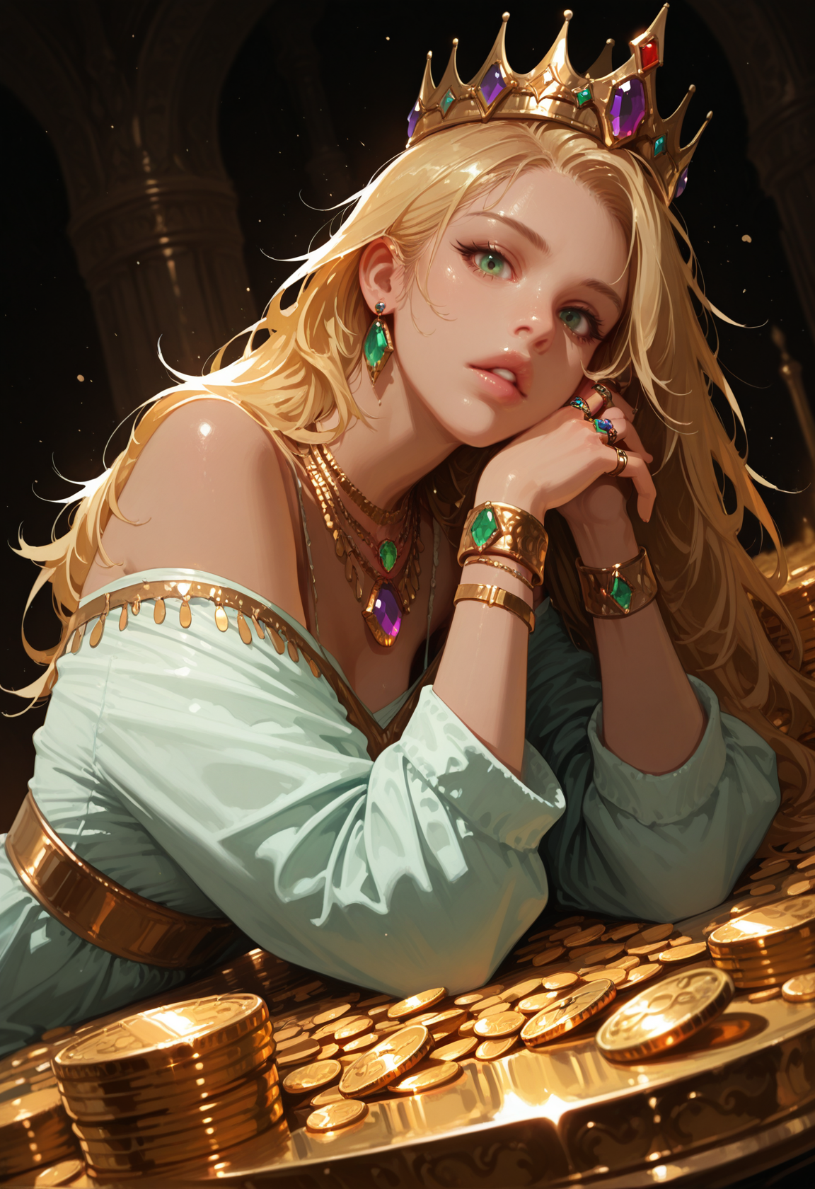 1girl, jewelry, ring, gem, gold, solo, blonde hair, long hair, crown, necklace, bracelet, red gemstone, looking at viewer, earrings, holding, multiple rings, upper body, green gemstone, purple gemstone, dress, blue gemstone, coin, long sleeves, off shoulder, green eyes, parted lips, , lips, depth of field, messy hair, sitting, table, stack of gold coins, jewels, masterwork, masterpiece, best quality, dynamic lighting , dynamic pose,,  dynamic angle, , , (realistic:1.2), (lineless:1.2), detailed, <lora:Detailer_NoobAI_Incrs_v1:1>