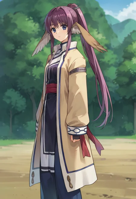 score_9,score_8_up,score_7_up,score_6_up,score_5_up,score_4_up,anime coloring BREAK source_anime,anime,<lora:Touka_Utawarerumono_Pony:0.8>,touka,1girl,solo,bird ears,blue eyes,purple hair,long hair,ponytail,japanese clothes,blue pants,red sash,beige coat,looking at viewer,standing,outdoors,