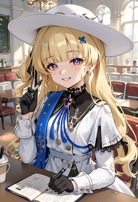score_9, score_8_up, score_7_up, BREAK source_anime, (masterpiece), (best quality), 1girl, blonde hair, purple eyes, long hair, black gloves, solo, hat, smile, white dress, long sleeves, hair ornament, happy mood, looking at viewer, smile, blush, closeup upper body, sitting on chair, cafe, notebook on table, grabbing a pen, (ultra detailed), colorful light, shine, (from front:1), <lora:Phoebe-V1:1>