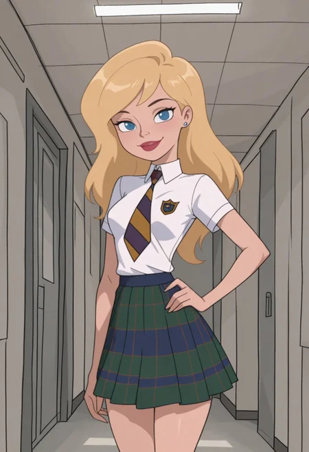 masterpiece, best quality, amazing quality, very aesthetic, absurdres, newest, 1girl, solo, indoors, looking at viewer, RS2SDXL, Human Female, Blue Eyes, Blonde Hair, Long Hair, Lips, Red Lips, Lips, Red Lips, Blue Eyes, Long Hair, cowboy shot, hand on hip, smile, earrings, stud earrings, School Uniform, White Shirt, Collared Shirt, Short Sleeves, Necktie, Striped Necktie, Skirt, Plaid Skirt