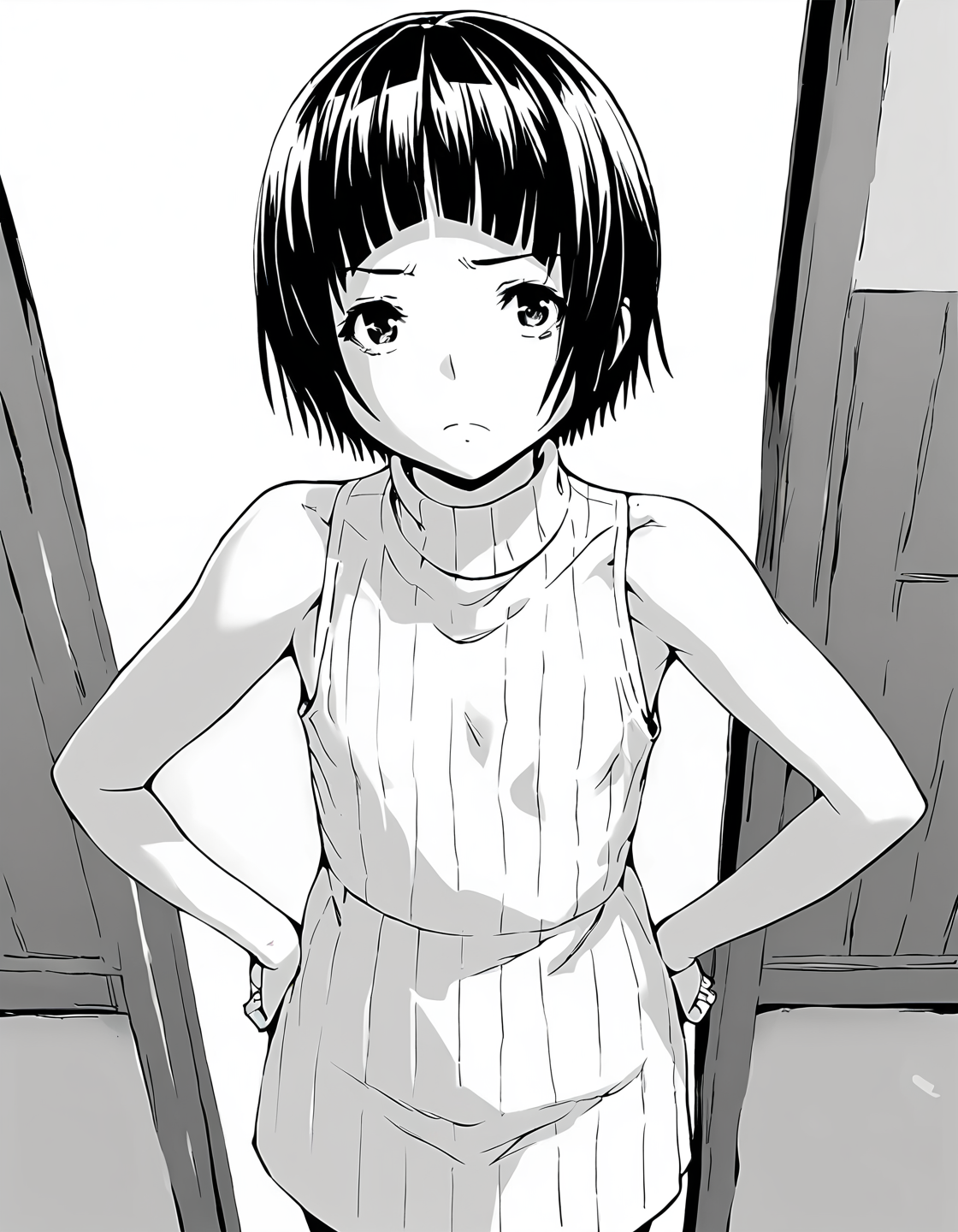score_9, score_8_up, score_7_up, score_6_up, score_5_up, score_4_up, greyscale, monochrome,
1girl, solo,
KonomiHarukaze_T1V1, short hair, blunt bangs, flat chest,
turtleneck sweater, sweater dress, sleeveless,
standing, hands on own hips,
looking at viewer, frown,
indoors, from above, cowboy shot,
<lora:KonomiHarukaze_T1V1_epoch_31:0.85>,