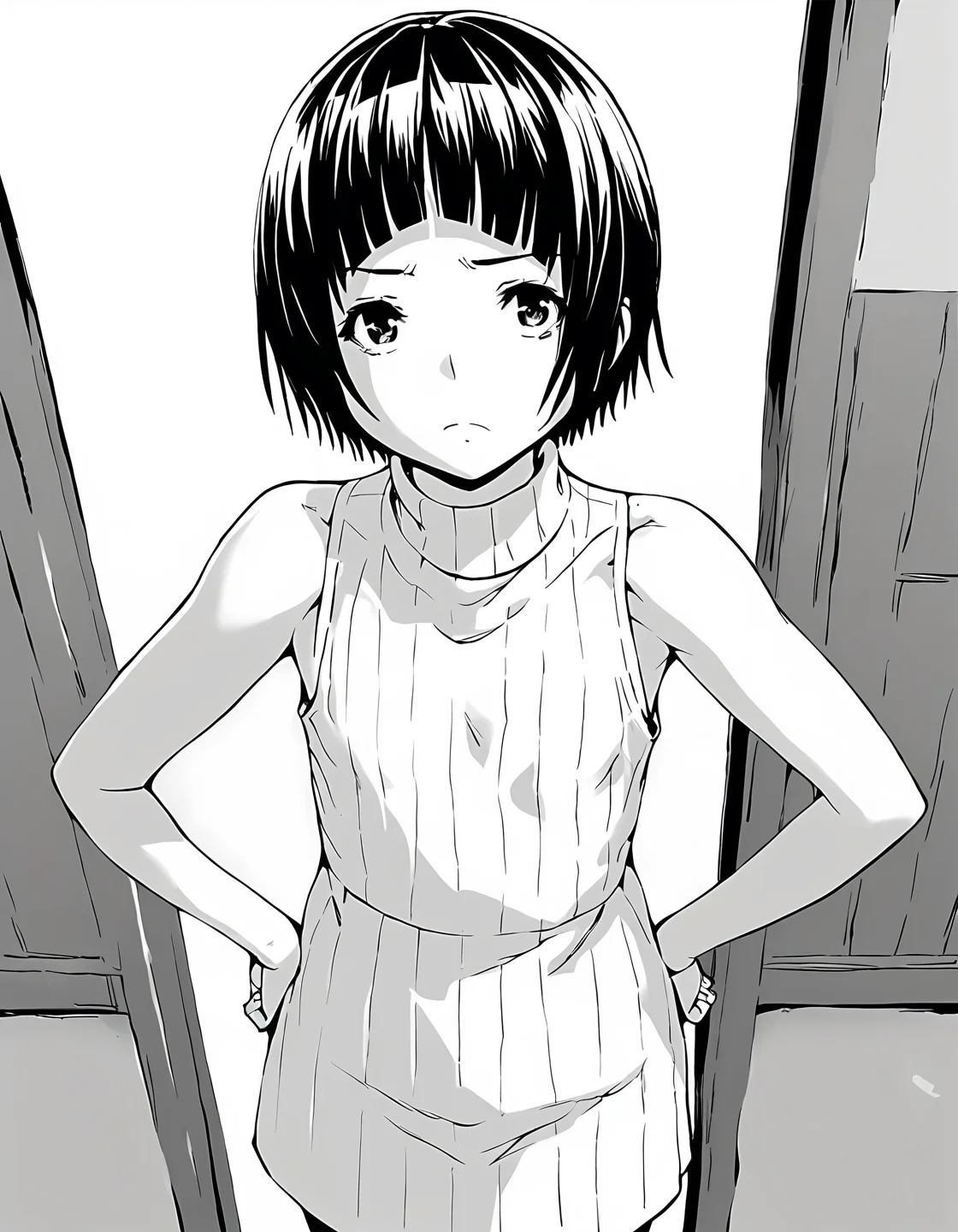 score_9, score_8_up, score_7_up, score_6_up, score_5_up, score_4_up, greyscale, monochrome,
1girl, solo,
KonomiHarukaze_T1V1, short hair, blunt bangs, flat chest,
turtleneck sweater, sweater dress, sleeveless,
standing, hands on own hips,
looking at viewer, frown,
indoors, from above, cowboy shot,
<lora:KonomiHarukaze_T1V1_epoch_31:0.85>,