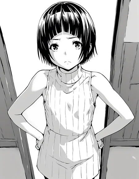 score_9, score_8_up, score_7_up, score_6_up, score_5_up, score_4_up, greyscale, monochrome,
1girl, solo,
KonomiHarukaze_T1V1, short hair, blunt bangs, flat chest,
turtleneck sweater, sweater dress, sleeveless,
standing, hands on own hips,
looking at viewer, frown,
indoors, from above, cowboy shot,
<lora:KonomiHarukaze_T1V1_epoch_31:0.85>,