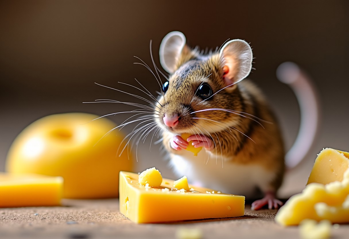 Mouse knibbling on cheese, wishing a happy new year