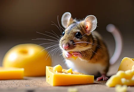 Mouse knibbling on cheese, wishing a happy new year