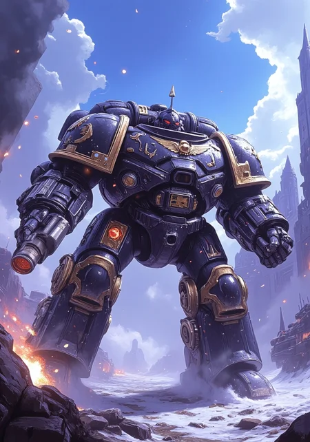 (Masterpiece, ultra-realistic, 32k, best quality, hyper-detailed, cinematic lighting, intricate textures, photorealistic, dramatic composition, immersive depth, trending on ArtStation.)
A brutalist walking Mech, strides across a post-apocalyptic wasteland. Its massive armored frame, adorned with gilded plating, pulses with glowing cybernetic runes, blending divine authority with cold mechanical precision.
The battlefield is a war-torn ruin, where shattered monoliths and cybernetic decay litter the ground. A vast blue sky looms above, as sunrise light pierces the dust-filled air, casting ethereal white and purple flares. Snow and embers swirl in the wind, drifting through the ashen remnants of a fallen civilization.
armed with Bolter gun.
A dynamic wide-angle shot, with volumetric lighting, deep atmospheric contrast, and high cinematic tension, captures the monumental scale of this gothic-cybernetic war titan.