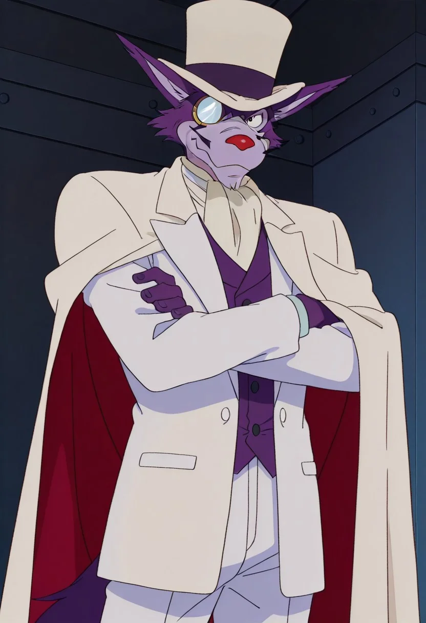 score_9, score_8_up, score_7_up, score_6_up
,
1boy, solo, Professor Moriarty, wolf, white pants, furry, white jacket, white cape, monocle on eye, white bowler hat, whiskers, red nose, ears spread out, Anime, male, purple body, anime screencap