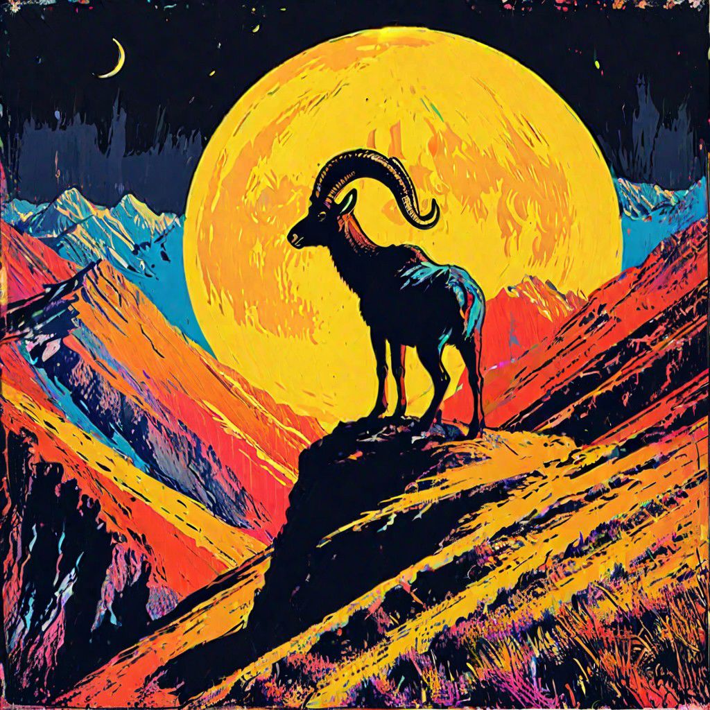 impactful color paint of, 1 walia ibex standing on top of a cliff under 1 white moon, black silhouette against white moon, black cliff, black  sky, highly detailed, vibrant colors, 8k, sharp, professional, clear, high contrast, high saturated, vivid deep blacks, crystal clear