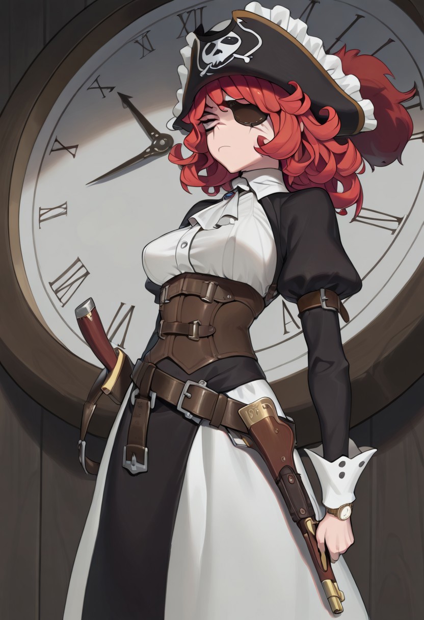 masterpiece, best quality, amazing quality, very aesthetic, high resolution, ultra-detailed, absurdres, 1girl, solo, amrkdrw, clock, watch, gear belt, dress, breasts, juliet sleeves, sword, flintlock, pirate hat, eye patch, red hair, curly hair, scar,