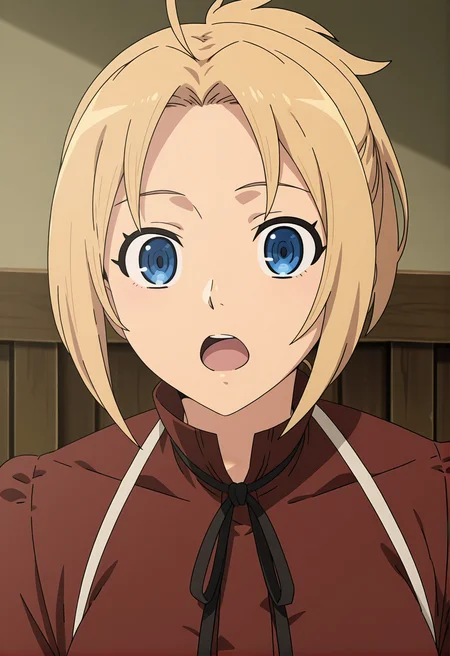 <lora:Zenith GREYRAT_illustrious-000048:1>,
Zenith GREYRAT,solo,looking at viewer,open mouth,black ribbon,upper body,ribbon,neck ribbon,anime coloring,indoors,red shirt,shirt,short hair,anime screencap
