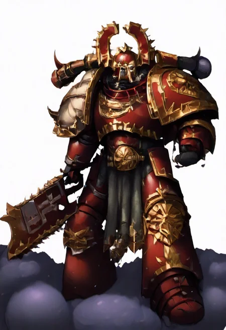 Score_9_up, absurdres, Source: GamesWorkshop, best quality, expressive eyes, perfect face, space marine, World Eaters Traitor Astartes Chapter sorceror holding a chainsword, red armor, spiked horned astartes helmet, full body, volumetric lighting project unreal engine, mantisdetailerse, <lora:warhammerAdeptus_v1:0.7>,