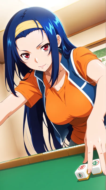 masterpiece, best quality, anime coloring, room, mahjong, mahjong tile,
1girl,solo, mahjong tile,
 <lora:Natsuki-Asahina_lL_v01:1> natsuki-asahina, red eyes, long hair, blue hair, mole under mouth, breasts, yellow hairband, orange t-shirt,  blue open vest, short sleeves