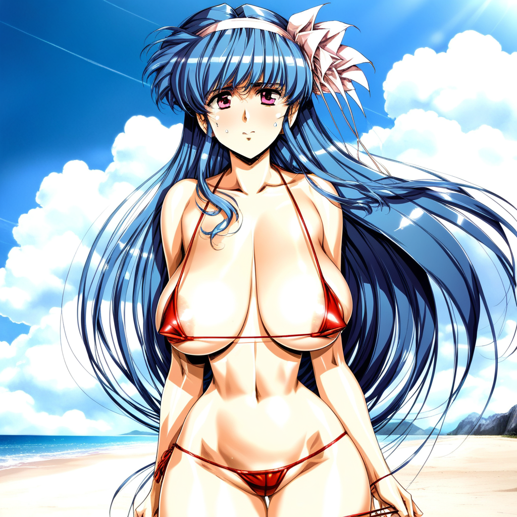r3tr0styl3 1990s_(style),artist style: urushihara satoshi, score_9, score_8_up, 1girl, pull bikini top, blue hair, long hair, straight hair, pink eyes, huge breasts, narrow waist, sagging breasts, areola slip,  red bikini, micro bikini, untied bikini top,  shiny skin, shiny hair, blue sky, white cloud, beach, hair blowing in the wind, looking at viewer, bare thighs,