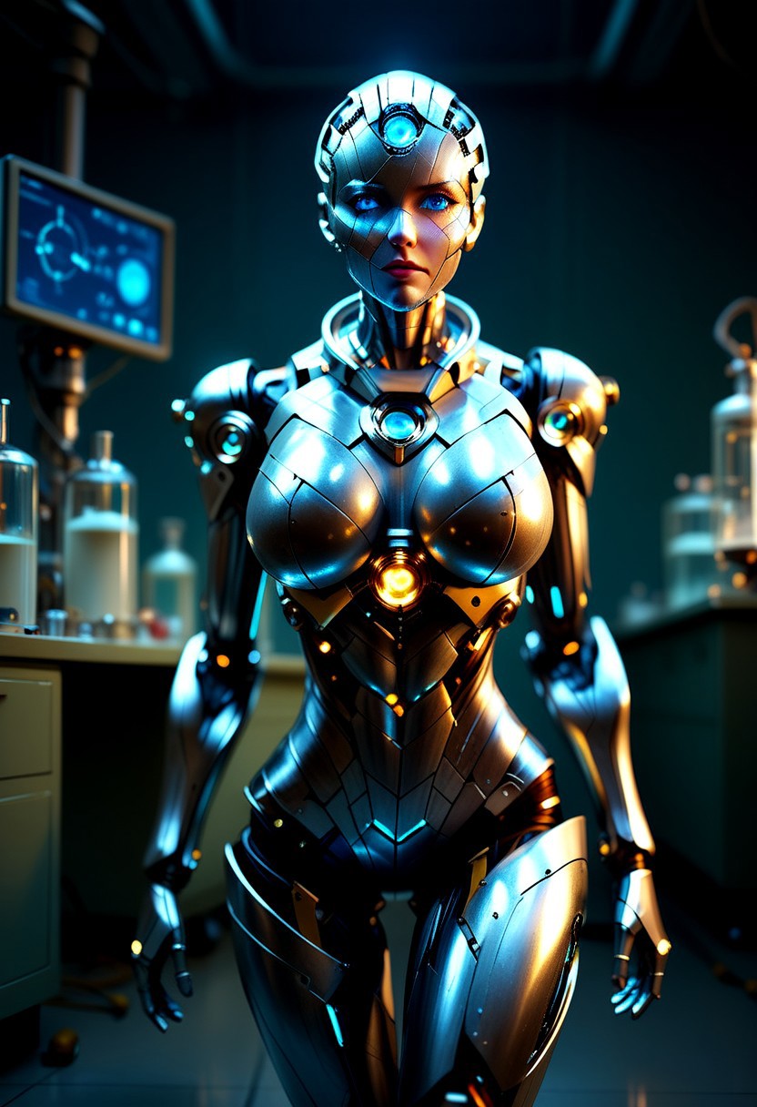 score_9, score_8_up, score_8,
BREAK,
1girl, (Cybernetic face:1.4), (neon blue eyes:1.5), (mechanical face:1.5), large breasts, 
Break, 
(Cybernetic body:1.4), (silver metallic skin:1.4), ( neon blue ligh5s shining through cracks in skin:1.4), 
Break, 
Break, 
(Standing:1.3)
Break, 
Semi angle view:1.5), (blurry background:1.3), (head and thighs focus:1.5)
Break,
(Pleased expression:1.5), ()
Break, 
(Laboratory in background:1.5), dramatic chiaroscuro lighting, (8KHD), (painstakingly detailed),  verybadimagenegative_v1.3,