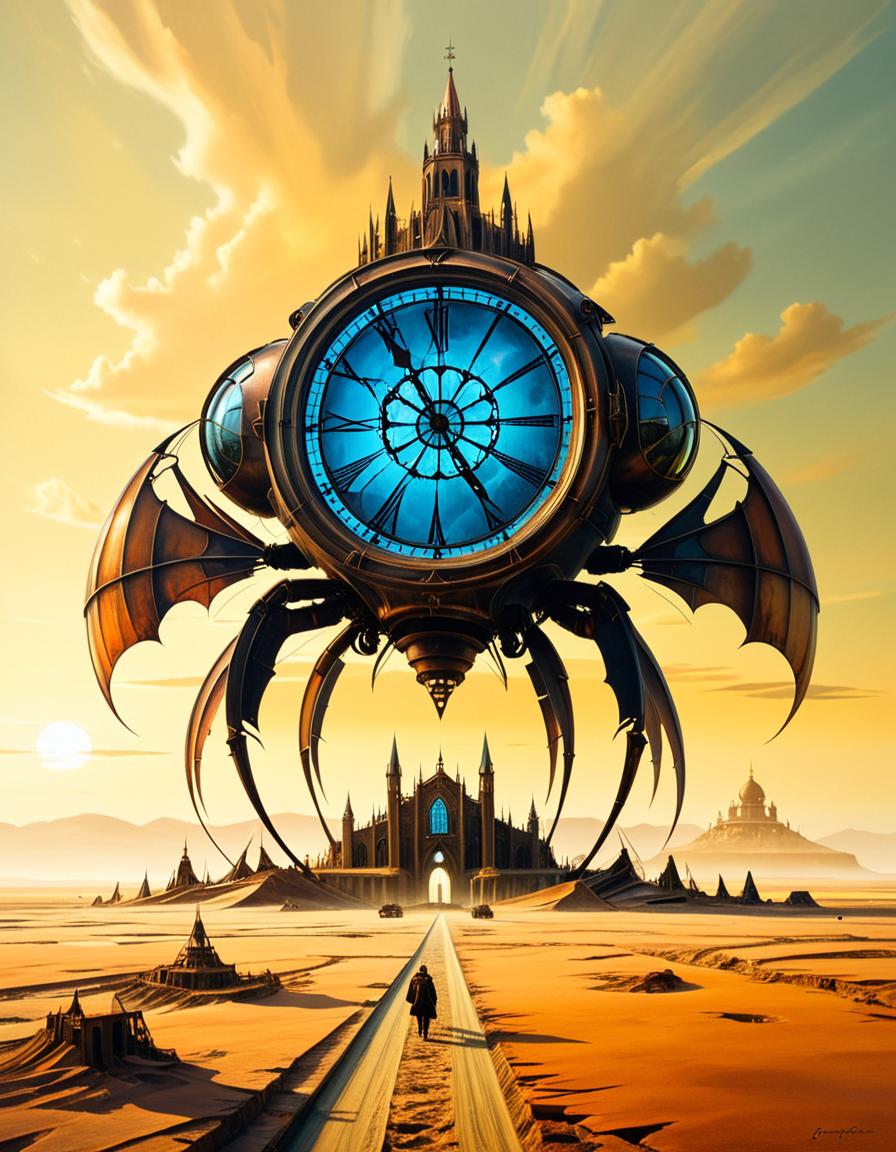 A surreal, dreamlike painting in the style of JarosÅaw Jasnikowski, depicting a gigantic mechanical insect-like cathedral walking across a cracked desert landscape. The cathedral is mounted on insect legs made of bronze and copper, with gears and steam vents along each joint. The architecture is gothic, with tall spires, stained glass windows glowing from within, and massive rotating clock faces embedded in its towers. In the background, a distorted horizon under a greenish-yellow sky, with floating islands and broken bridges suspended mid-air. A small group of cloaked figures watches the walking structure from the foreground, their long shadows cast across the dry, dusty ground. The entire scene is bathed in a surreal light, blending soft golds and dark shadows, giving it a mystical and post-apocalyptic atmosphere. Details are rich with fine mechanical engravings, absurd physics, and metaphysical symbolism, echoing Jasnikowskiâs signature surrealism and imaginative science-fiction fantasy.<lora:SDXLFaeTastic2400:0.4> <lora:extremely_detailed:0.4> extremely detailed, <lora:JarosÅaw_J4sn1k0wsk1_r1:1>,JarosÅaw J4sn1k0wsk1, Masterpiece,best quality,hi res,8k,hi res,8k,award winning,(sharp focus, intricate, highly detailed),