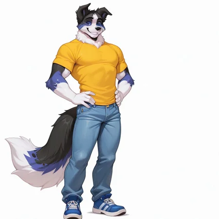 solo, 1boy, anthro, dog boy, border collie, black fur, blue fur, white fur, multicolored fur, blue eyes, dog ears, dog tail, fluffy tail, looking at viewer, muscular body, standing, yellow t-shirt, denim pants, blue sneakers, hands on hips, smiling, white background,