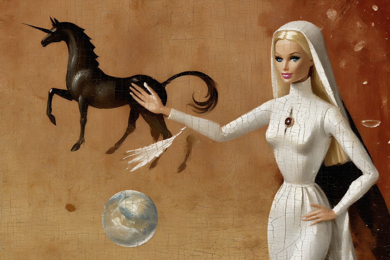 <lora:Bosch_Creatures-000010:0.6>, (portrait of Barbie:1.2), cracked paint texture, background is mars, (pegasus in background:0.5), claws, priest, robe,  (ripples:0.1), Bosch_Creatures,