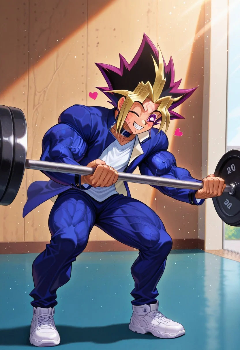 masterpiece, best quality, amazing quality, very aesthetic, absurdres, intricate details, five digits
, solo, 1boy, male focus, muscular male,clenched teeth, thick arms, weightlifting, exercise, veiny body, veiny arms, veiny neck, veiny face,
, <lora:nb-c_v2_IL-000025:1>,1boy, male focus, solo, closed eyes, smile, open mouth,heart emotes,anime, volumetric lighting, day, light particles,flexing,hulking out, muscular,torn clothes, roaring,hyper muscles growth, hyper muscles bigger,yugi, 1boy, male focus, solo, muto yugi, purple eyes, spiked hair, multicolored hair, black hair, purple hair, blonde hair, bangs, dyed bangs, collar, school uniform, gakuran, shirt, white shirt, collared shirt, jacket, blue jacket, long sleeves, open jacket, open clothes, pants, blue pants, shoes, sneakers, white footwear,