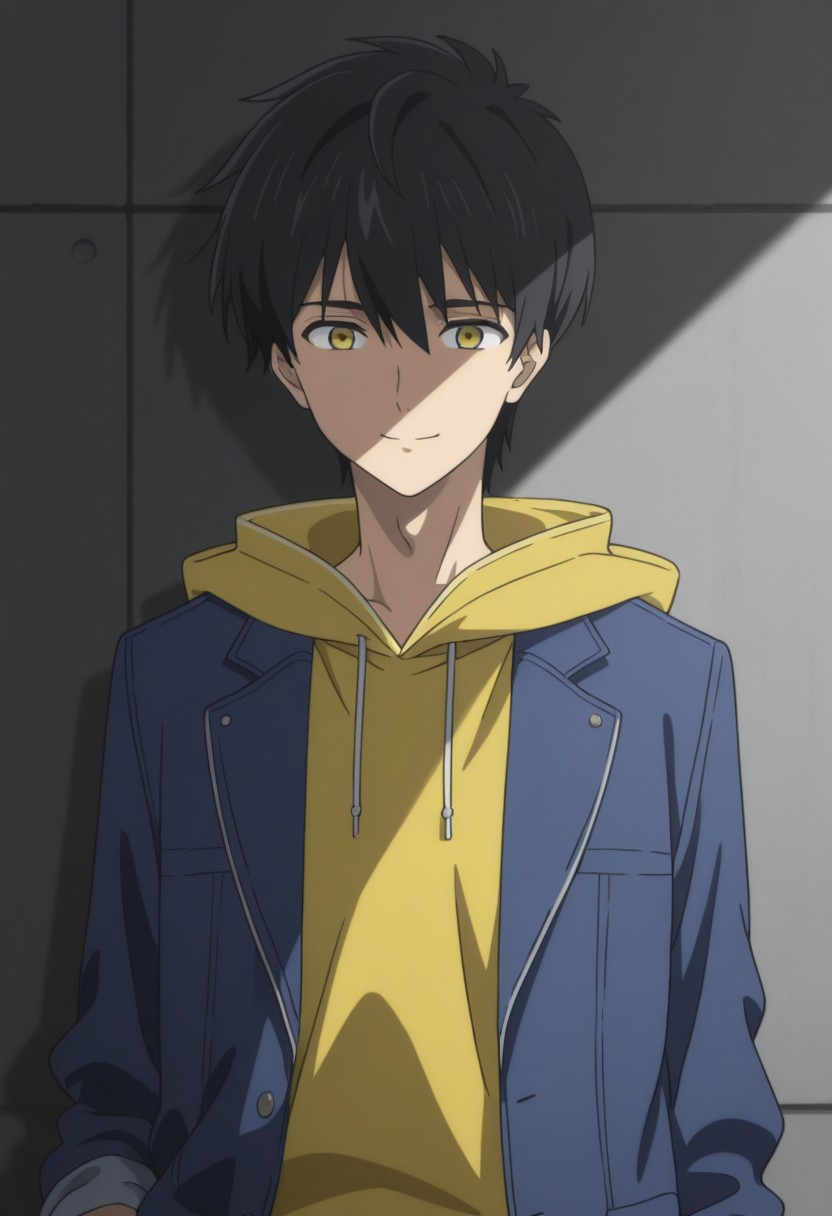 masterpiece,best quality,amazing quality, source_anime, 
KurouSakuragawa, 1boy, male focus, solo, yellow eyes, black hair, hoodie, yellow hoodie, hood, jacket, blue jacket, open jacket, smile,