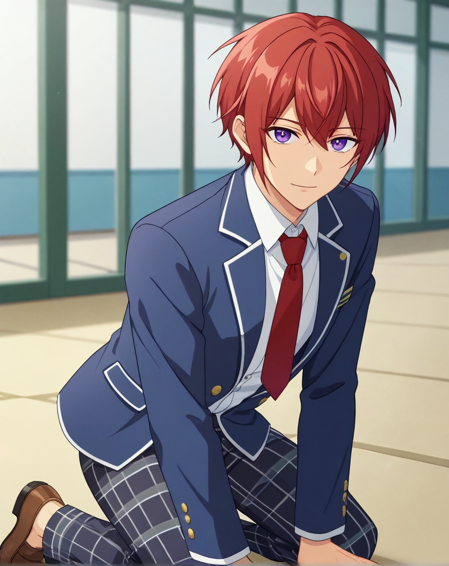 score_9, score_8_up, source_anime, anime screencap, original style, depth of field, BREAK, rating_safe, 1boy, solo, male focus, <lora:suou_tsukasa_pony:1> suou_tsukasa_pony, red hair, purple eyes, bangs, looking at viewer, facing viewer, straight-on, kneeling, hands on own knees, yumenosaki school uniform, blue jacket, red necktie, white shirt, collared shirt, black pants, plaid pants, <lora:sdxl_lightning_8step_lora:1>  <lora:xl_more_art-full_v1:0.5>