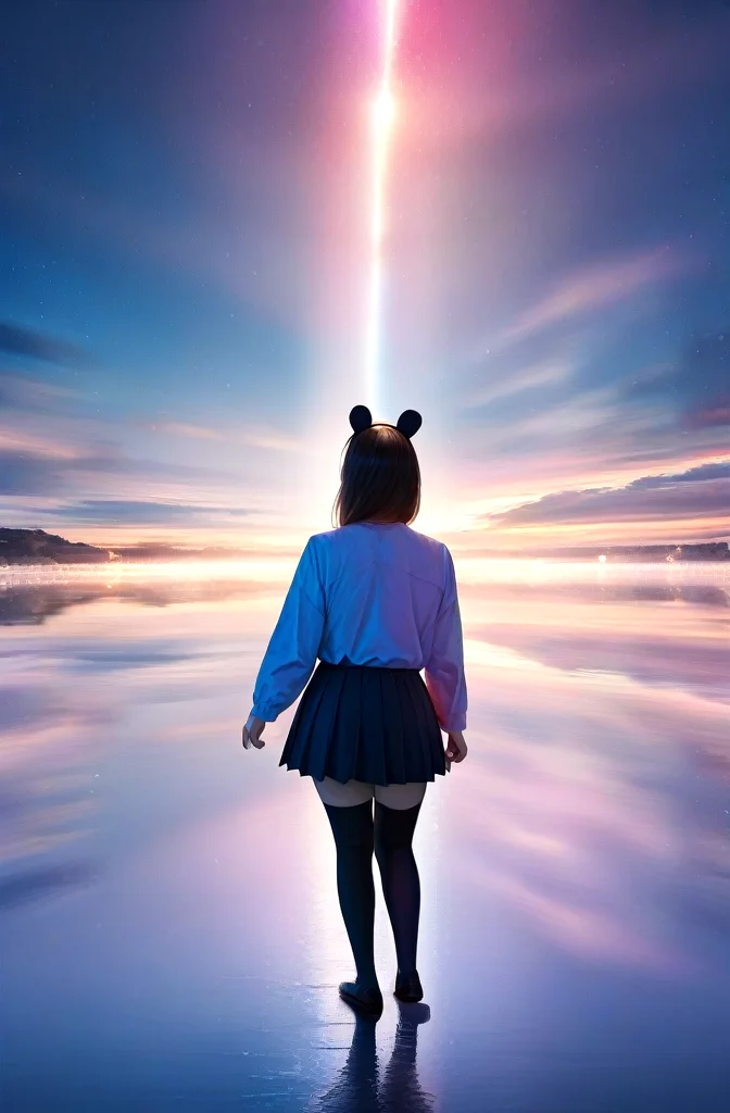 realistic, photorealistic, very aesthetic, best quality, absurdres, masterpiece, best quality, amazing quality, newest, scenery, depth of field, high-resolution, high definition, visually intense anaglyphic experience, hallucinations, editorial photography, journalistic style, candid, volumetric, candid, bow, fake animal ears, pleated skirt, thighhighs, 2girls, multiple girls, (colorful:1.2), rainbow, light particles, from above, volumetric lighting, ((adult girls:1.2)), _trippy_, realistic, photorealistic, very aesthetic, best quality, absurdres, masterpiece, best quality, amazing quality, newest, scenery, depth of field