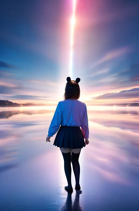 realistic, photorealistic, very aesthetic, best quality, absurdres, masterpiece, best quality, amazing quality, newest, scenery, depth of field, high-resolution, high definition, visually intense anaglyphic experience, hallucinations, editorial photography, journalistic style, candid, volumetric, candid, bow, fake animal ears, pleated skirt, thighhighs, 2girls, multiple girls, (colorful:1.2), rainbow, light particles, from above, volumetric lighting, ((adult girls:1.2)), _trippy_, realistic, photorealistic, very aesthetic, best quality, absurdres, masterpiece, best quality, amazing quality, newest, scenery, depth of field