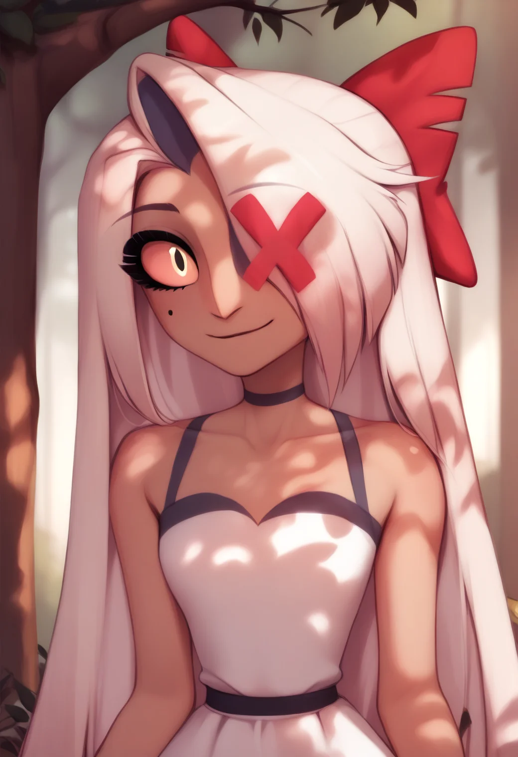 <lora:hazbin_hotel_ponyxl_v1:1>, vaggie, red hair bow, bare shoulders, solo, white dress, outdoors, tree shade, dappled sunlight, forest, day, smile, closed mouth,
BREAK
score_9, score_8_up, score_7_up, score_6_up, <lora:PersonalAmi_PonyXL_resize:1>