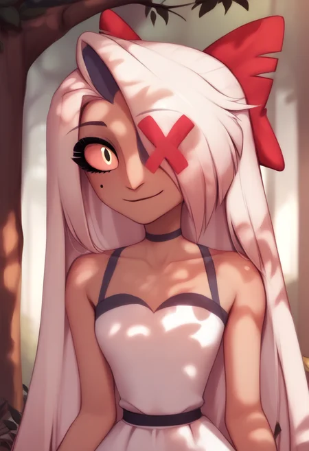 <lora:hazbin_hotel_ponyxl_v1:1>, vaggie, red hair bow, bare shoulders, solo, white dress, outdoors, tree shade, dappled sunlight, forest, day, smile, closed mouth,
BREAK
score_9, score_8_up, score_7_up, score_6_up, <lora:PersonalAmi_PonyXL_resize:1>