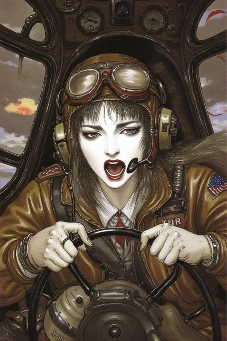 amayo illustration.
A female pilot screaming inside the cockpit of a World War II bomber. The pilot, wearing a vintage leather flight helmet with goggles and a bomber jacket, grips the controls with white-knuckled hands. Her face is contorted in a mix of fear and determination as she yells, her eyes wide with adrenaline. The cockpit is cramped and filled with old-fashioned dials and gauges, with the outside view showing dark stormy clouds and distant anti-aircraft fire <lora:amayo1_cap_d6a3e11:1.0><lora:827340744512760717:0>
