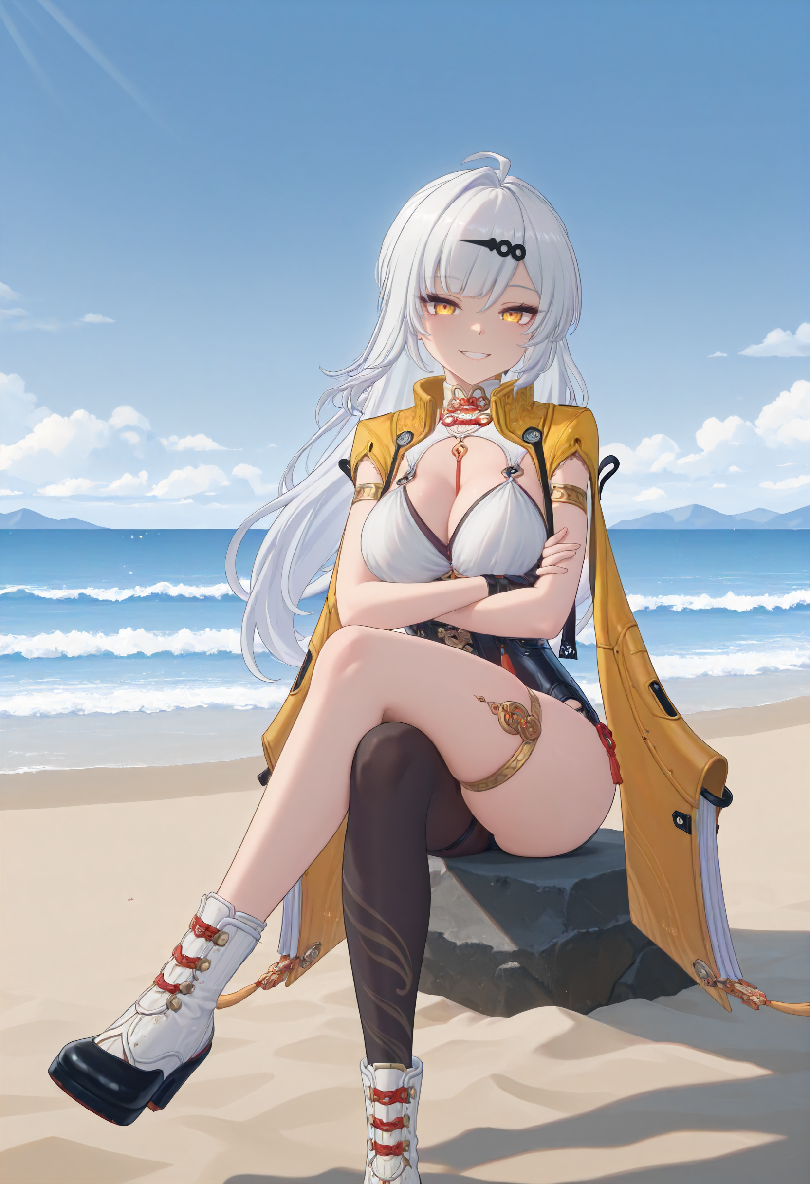 masterpiece, best quality, amazing quality, very aesthetic, absurdres, newest, scenery, volumetric lighting, perfect eyes, ultra detailed, anime,
1girl, Yixuan, solo, white hair, long hair, braid, ahoge, hair pin, yellow eyes, eyelashes, hair brooch, 
yellow jacket, open jacket, short sleeves, gold armband, white top, cleavage, white collar, red laces, gold ornaments, black corset, yellow winged cape, black fingerless gloves, asymmetrical legwear, one thigh high, thigh strap, black and white boots,
sitting, crossed legs, looking at viewer, happy, mischievous grin, sly grin, crossed arms, visible feet, full body,
beach background, sand, ocean, clouds, detailed background, beautiful frame,
<lora:Yixuan_-_Zenless_Zone_Zero_ZZZ_-_Illustrious:1>
masterpiece, best quality, amazing quality, very aesthetic, absurdres, newest, scenery, volumetric lighting, perfect eyes, ultra detailed, anime,