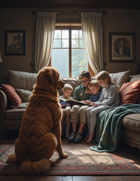 sci-fi art by Donato Giancola, a cozy living room filled with soft blankets and fluffy pillows. A dog, named Mittens, sits in front of him, his furry body covered in pink eyes and big brown hair. His tail is curled around him as he reads aloud to the children, who are watching them playfully. The scene is filled with laughter and joy, as if Mittens has just left her house. Fantasy art, science fiction illustration, classical techniques, mythological themes, epic narratives, movie poster style, fine artistic composition, very inspirational, fabulous colors, modifiedâââ