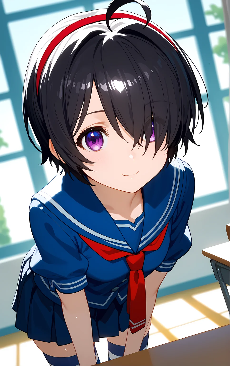 (score_9, score_8_up, score_7_up), standing, leaning forward, looking at viewer, light smile, closed mouth, shiny skin, tight clothes,
ohwx, 1girl, solo, purple eyes, black_hair, hairband, short_hair, hair_over_one_eye, ahoge, red_hairband,
school_uniform, thighhighs, striped_clothes, striped_thighhighs, serafuku, skirt, zettai_ryouiki,
window, sunlight, classroom,
blurry, cowboy shot, dutch angle, close-up,
<lora:kimi_sato_pony_ss:0.9>