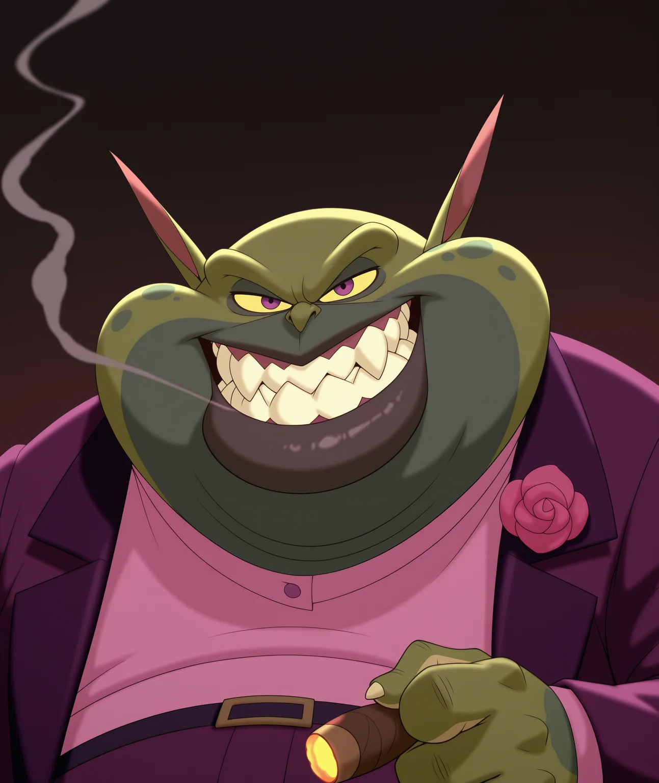 masterpiece, best quality, amazing quality, simple background, 1boy, solo, close-up, upper body, looking at viewer, SJSwackhammer, turned to the side, fat man, green skin, yellow sclera, sharp teeth, grin, thick lips,  purple eyes, pointy ears, facial hair, purple suit, corsage, pink shirt, holding cigar, smoke, <lora:SpaceJamSwackhammer:1>