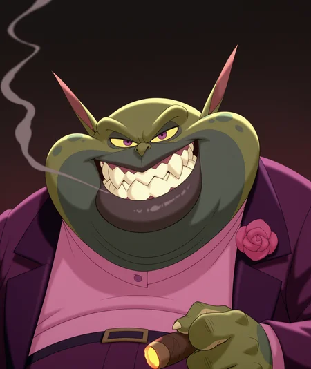masterpiece, best quality, amazing quality, simple background, 1boy, solo, close-up, upper body, looking at viewer, SJSwackhammer, turned to the side, fat man, green skin, yellow sclera, sharp teeth, grin, thick lips,  purple eyes, pointy ears, facial hair, purple suit, corsage, pink shirt, holding cigar, smoke, <lora:SpaceJamSwackhammer:1>