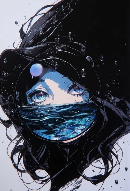 sbfte, de01, detail eyes, magic eyes, 8k.
A pen and ink style expressionism painting. Portrait of a female detective scowling into a magnifying glass. The glass is crystal clear, showing a water portal through the glass. The detective is wearing a black suit that emanates her shadowy figure. 
Anime art of Detective draped in shadows with a lighting that enhances her unique features. Ultra detailed artistic abstract.