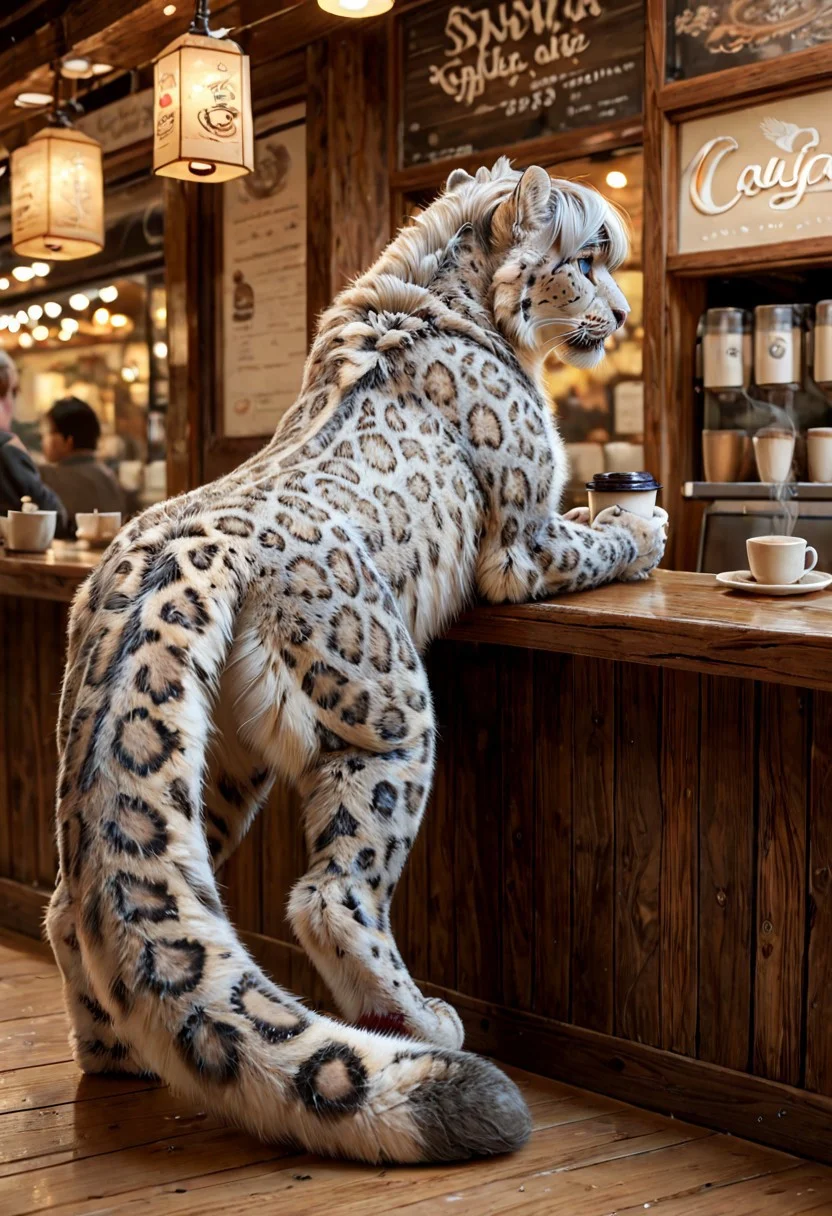 ((rear view)), (feral snow leopard male with a (((tuft of short gray hair:1.2))), blue eyes, enjoying a cup of coffee at a cafe), long fluffy tail, looking over shoulder, fluffy paws, snow leopard tail, pink nose, digitigrade, detailed paws, realistic paws, thick, fluffy, athletic, muscular, pawpads, cafe, coffee shop, espresso, winter, cozy, warm lighting, score_9_up, score_8_up, score_7_up, score_6_up, score_5_up, score_4_up, hair on feral, (cozy cafe background), detailed background, ral-fluff