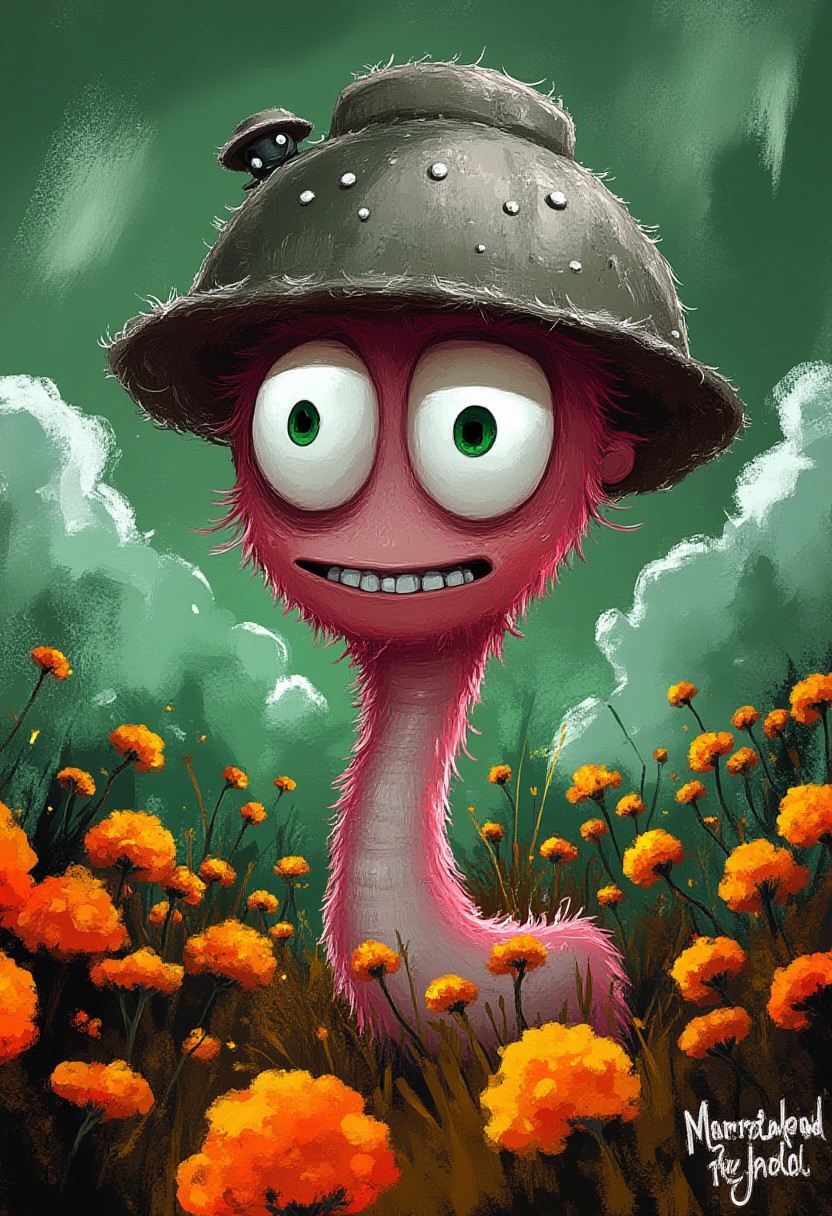 A whimsical illustration of a pink worm with an absurdly oversized head and tiny body in dark whimsical art style, wearing a tiny military helmet, peering over exploded earth with orange marigolds, digital painting with expressive brushstrokes showing rubber-like stretchy skin, apocalyptic twilight meadow background, characteristic Tim Burton inspired design with massive, mischievous emerald eyes and an exaggerated toothy grin