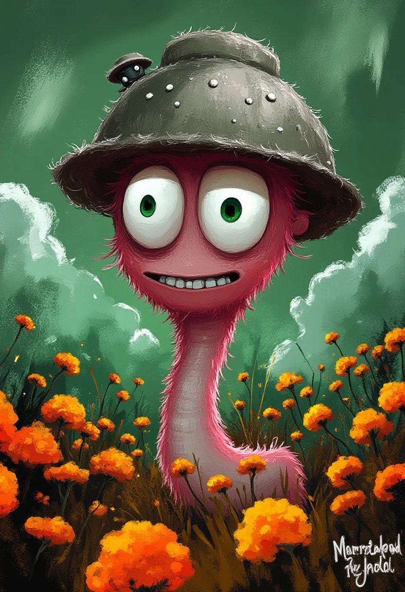 A whimsical illustration of a pink worm with an absurdly oversized head and tiny body in dark whimsical art style, wearing a tiny military helmet, peering over exploded earth with orange marigolds, digital painting with expressive brushstrokes showing rubber-like stretchy skin, apocalyptic twilight meadow background, characteristic Tim Burton inspired design with massive, mischievous emerald eyes and an exaggerated toothy grin