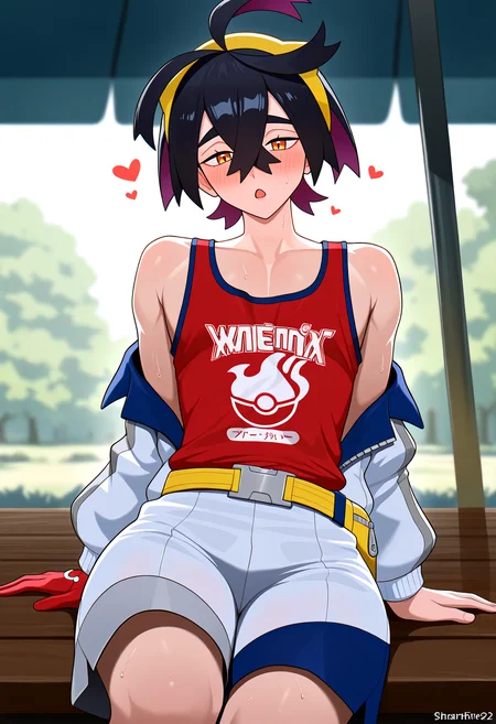 very awa, masterpiece, best quality, year 2024, newest, highres, absurdres, <lora:age_slider_v4:3> <lora:thicc_v1.4-pony:1.2>,detailed_background,outdoors,mole on neck,sitting,sweat,yellow eyes,mole,male focus,solo,single glove,purple hair,1boy,shorts,looking at viewer,off shoulder,kieran \(pokemon\),red tank top,heart,hairband,sharkfire22,pokemon,creatures \(company\),nintendo,hair between eyes,tank top,blush,white shorts,black hair,highres,open mouth,gloves,pokemon sv,game freak,yellow hairband,crossed bangs