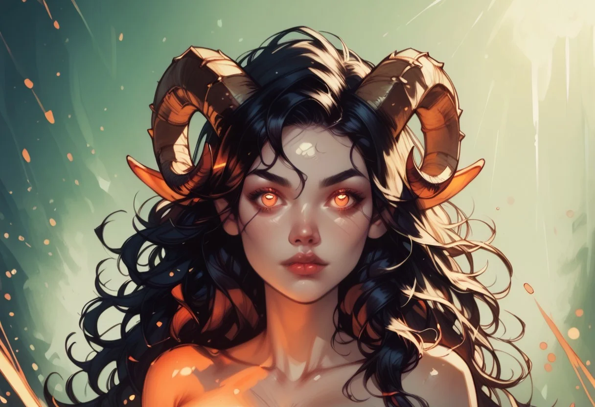 (score_9, score_8_up, score_7_up, score_6_up, 1girl, solo, embedding:zPDXL), Nemesis: A wavering mist takes form, elongating into dark tendrils. Her hair flows like an inky black hair, her eyes a swirling bright red. Her form is that of a beautiful woman, hourglass figure, long wavy hair, (elf with sheep horns), (glowing red eyes:1.3), (in the abyss),skyaboveme,by pistachiocream,light rays,lens flare,light particles,beautiful color, detailed, amazing quality,d3t41l3d,commix style