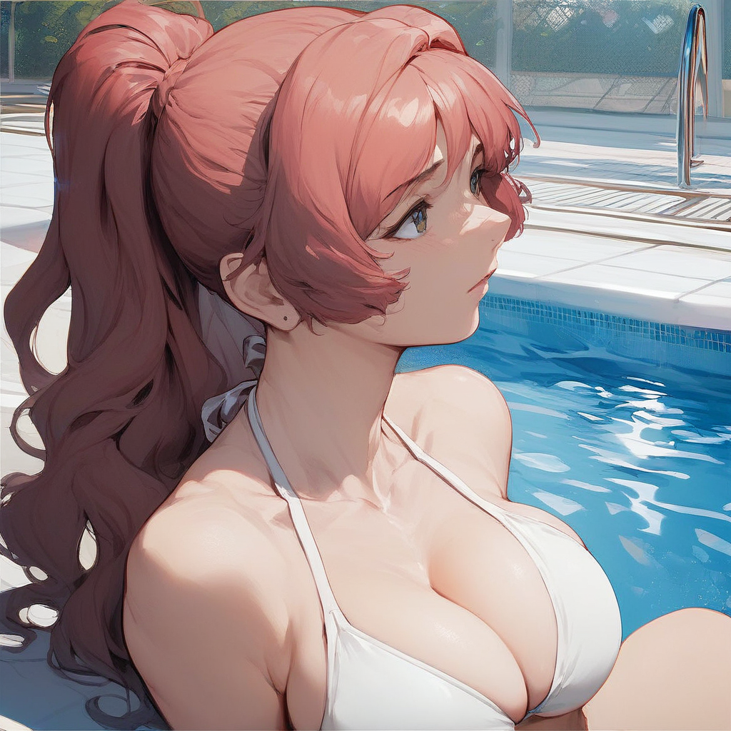 source_anime, ((score_9)),score_8_up,score_7_up,score_6_up,score_5_up,score_4_up, takama_kozue, t4k4m4k0zu3, 1woman, large breasts, brown_eyes, long hair, red hair, hair intakes, bang, sidelocks, ponytail, hairclip, white bikini, pool, masterpiece, best quality
