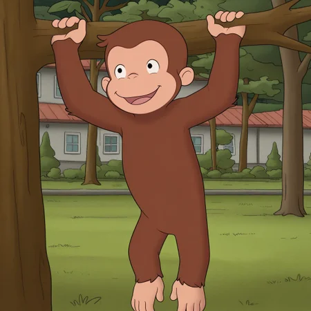 masterpiece, best quality, amazing quality, official style, cur1ousg3orge, male, furry male, anthro, solo, young, monkey, brown fur, short hair, black eyes, small nose, round ears, short, hanging from tree, hands on tree, smile, open mouth, outdoors, backyard, tree, fullbody